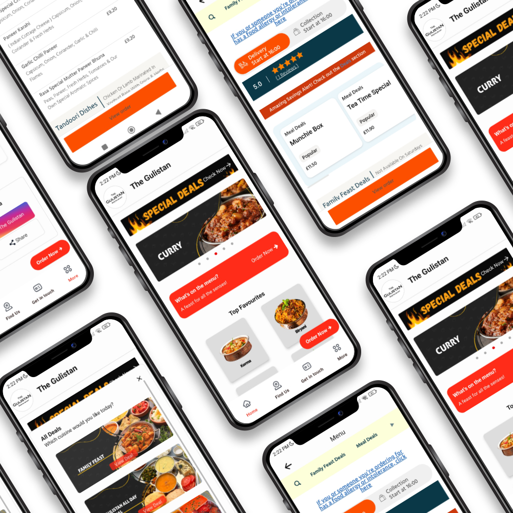 Smart phones displaying an Indian restaurant's food delivery app menu.